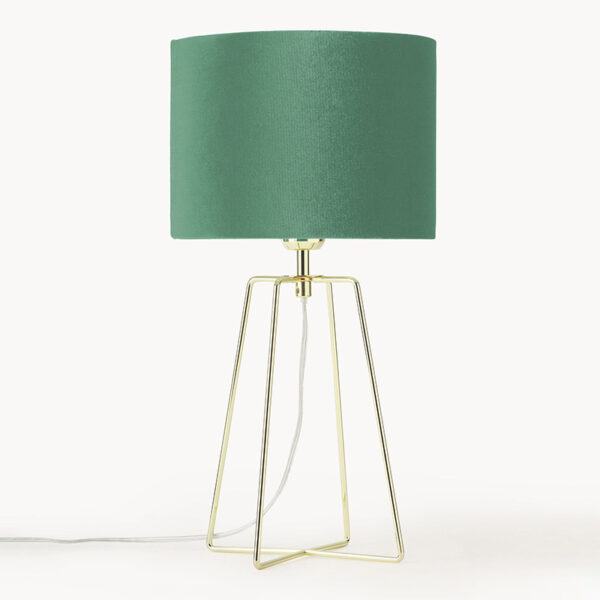 Lampada con base in metallo color oro e paralume in velluto verde