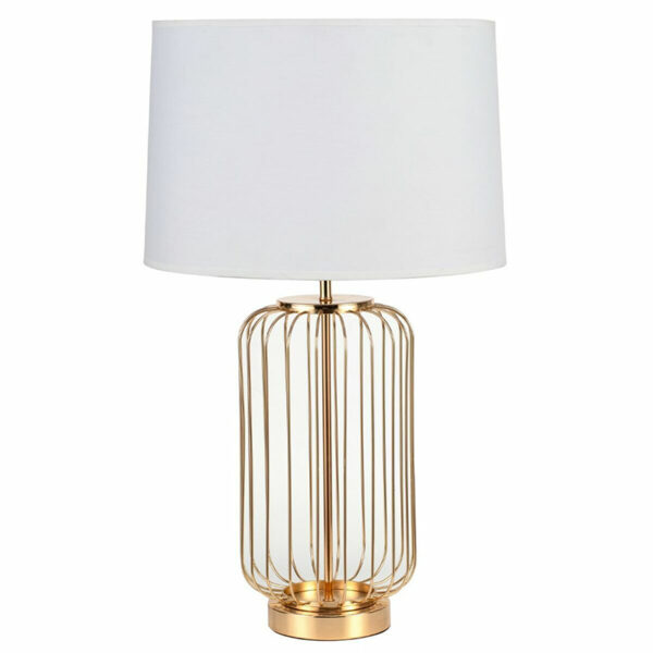 Lampada da tavolo con base in metallo dorato e paralume in cotone bianco