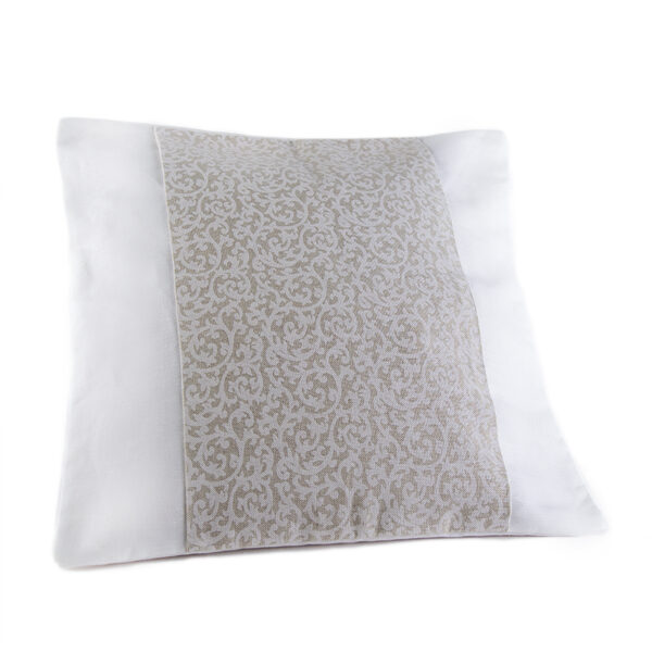 Cuscino rivestito in tessuto bianco con fascia centrale effetto damascato bianco ed ecrù