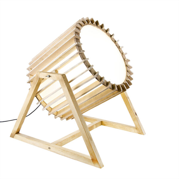 Lampada da terra a tamburo in legno naturale e plexiglass opalino