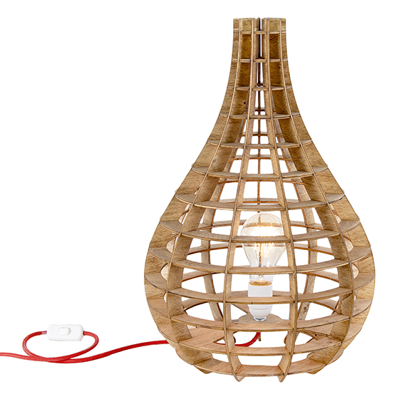 Lampada da tavolo in legno color mogano con cavo tessile rosso