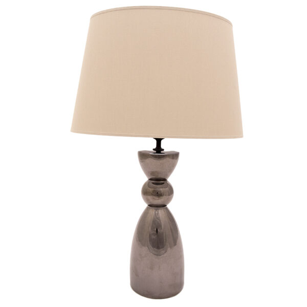 Lampada da tavolo con base in ceramica lucida color fumè e paralume crema