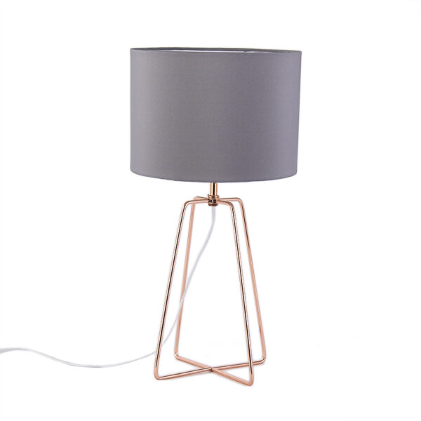 Lampada con base in metallo color rame e paralume grigio