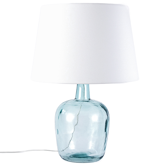 Lampada da tavolo con base in vetro celeste e paralume bianco