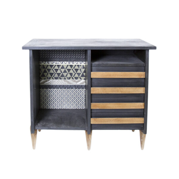 Mobiletto con cassetti in legno color grafite ed inserti in stoffa 87X50X79cm