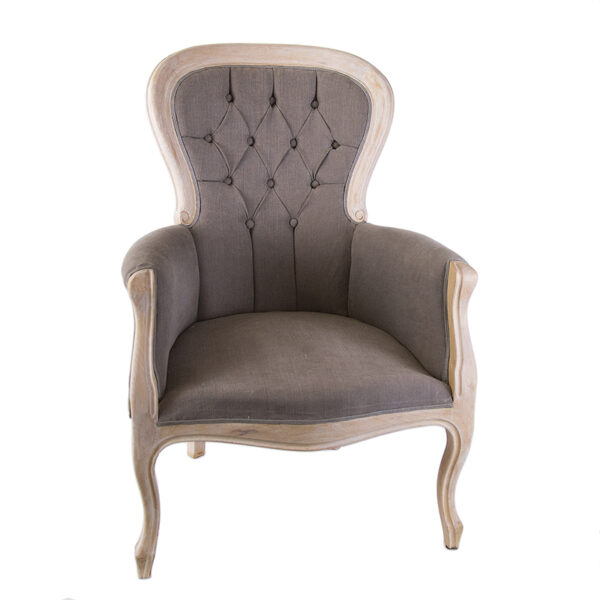 Poltrona classica struttura in legno crudo ed imbottitura capitonné grigio scuro