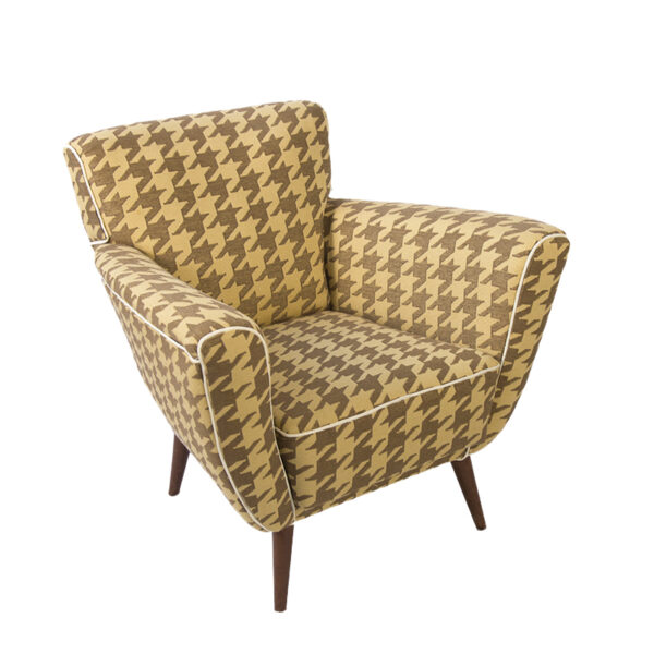 Poltroncina vintage in stoffa con motivo pied-de-poule giallo senape e marrone