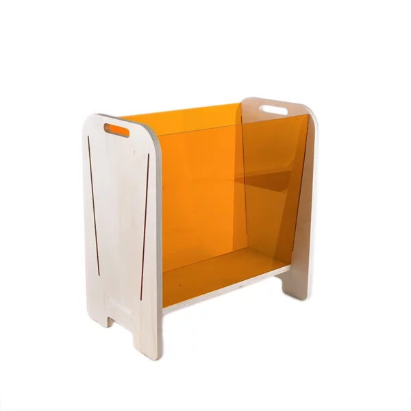 Porta riviste di design in legno chiaro e plexiglass arancio  50x28 x50 cm