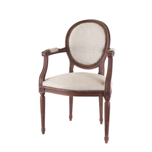 Poltroncina imbottita, struttura rosso bordeaux, imottitura color lino