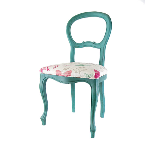 Sedia con struttura in legno verde ed imottitura a fiori