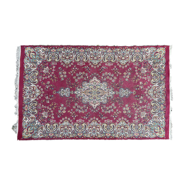 Tappeto persiano roso con decorazioni ocra e celesti 155x240cm