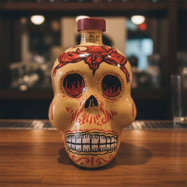 Bottiglia tequila Kha reposado a forma di teschio messicano